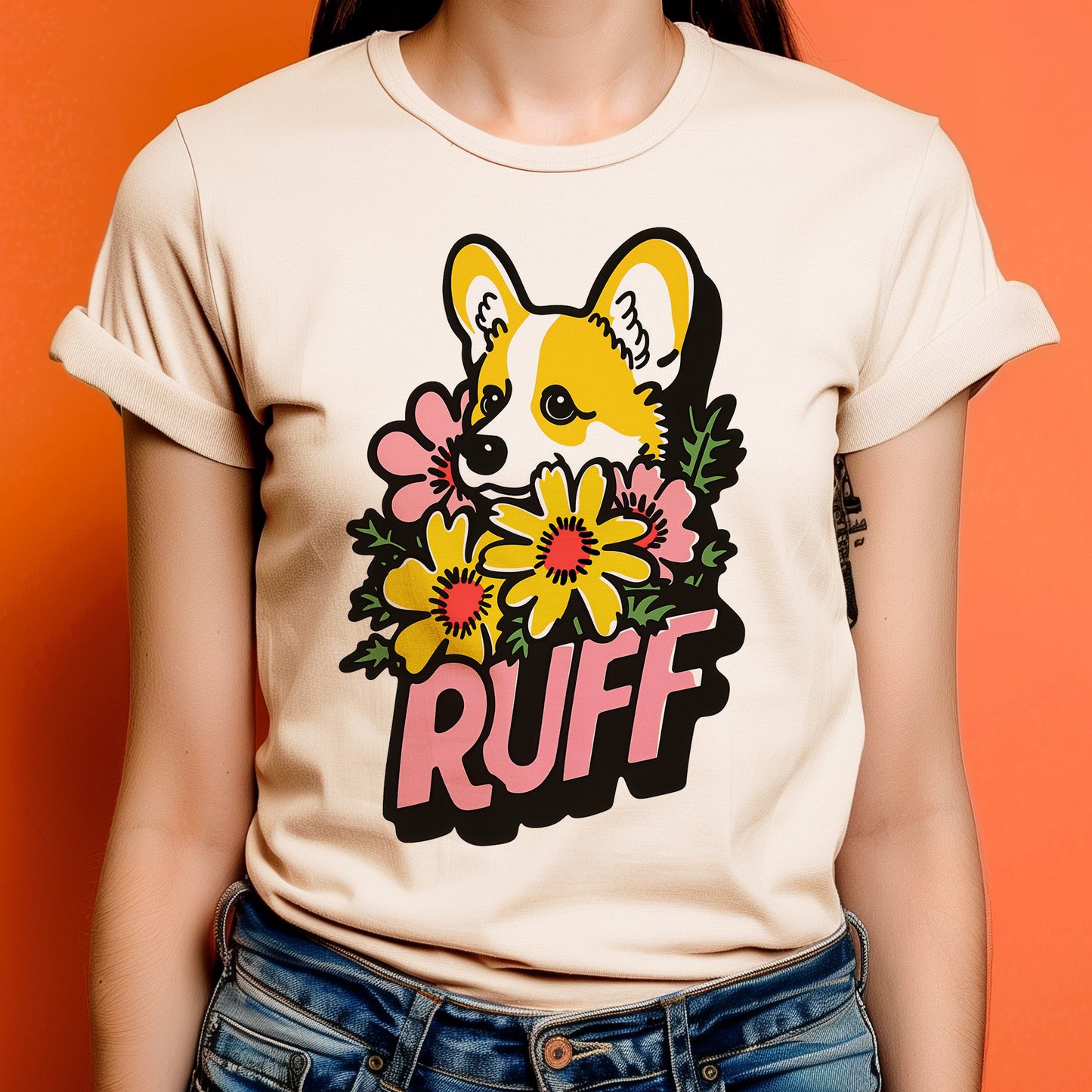Ruff in Bloom: Corgi Among the Daisies Tee