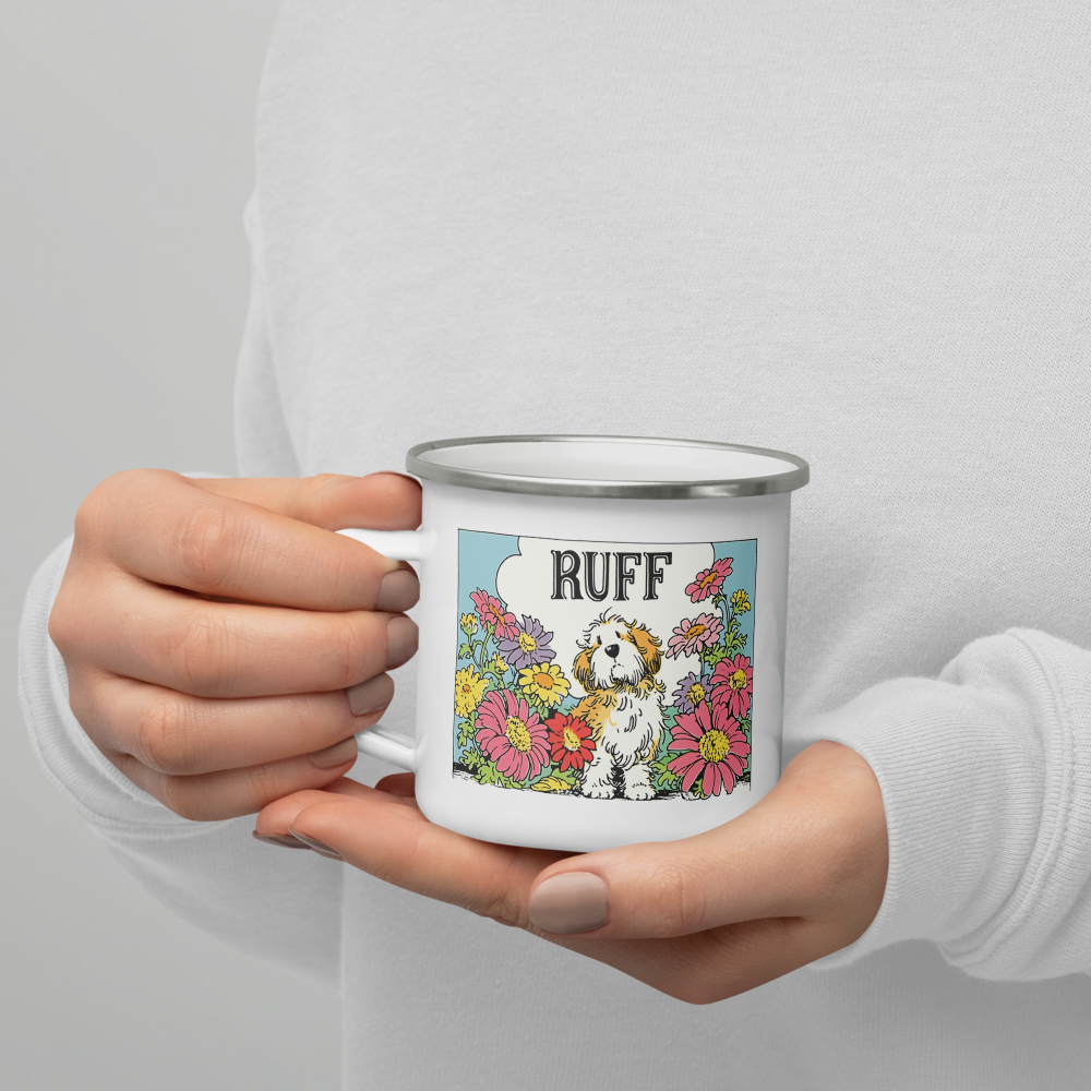 Ruff in Bloom: Vintage-Inspired Dog in Flowers Enamel Mug