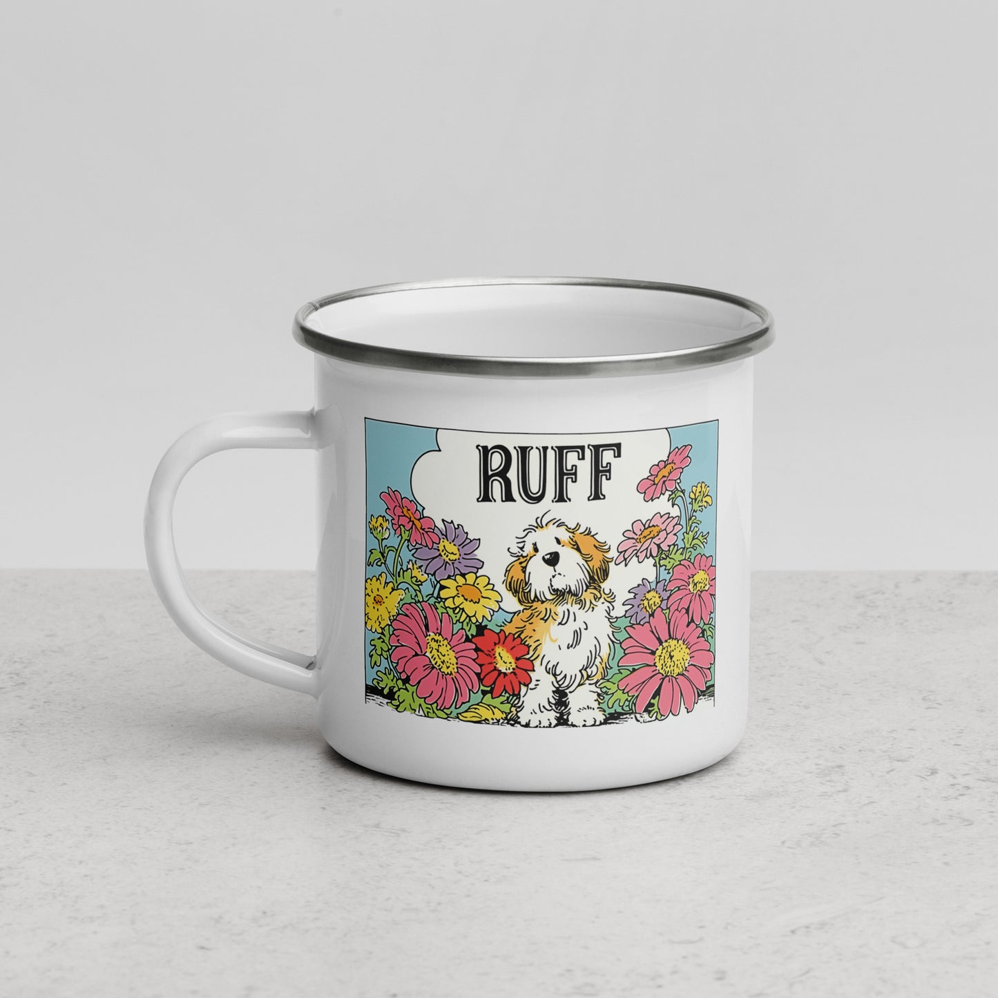 Ruff in Bloom: Vintage-Inspired Dog in Flowers Enamel Mug