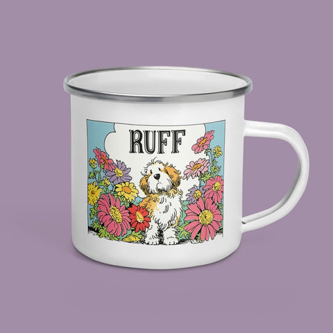 Ruff in Bloom: Vintage-Inspired Dog in Flowers Enamel Mug