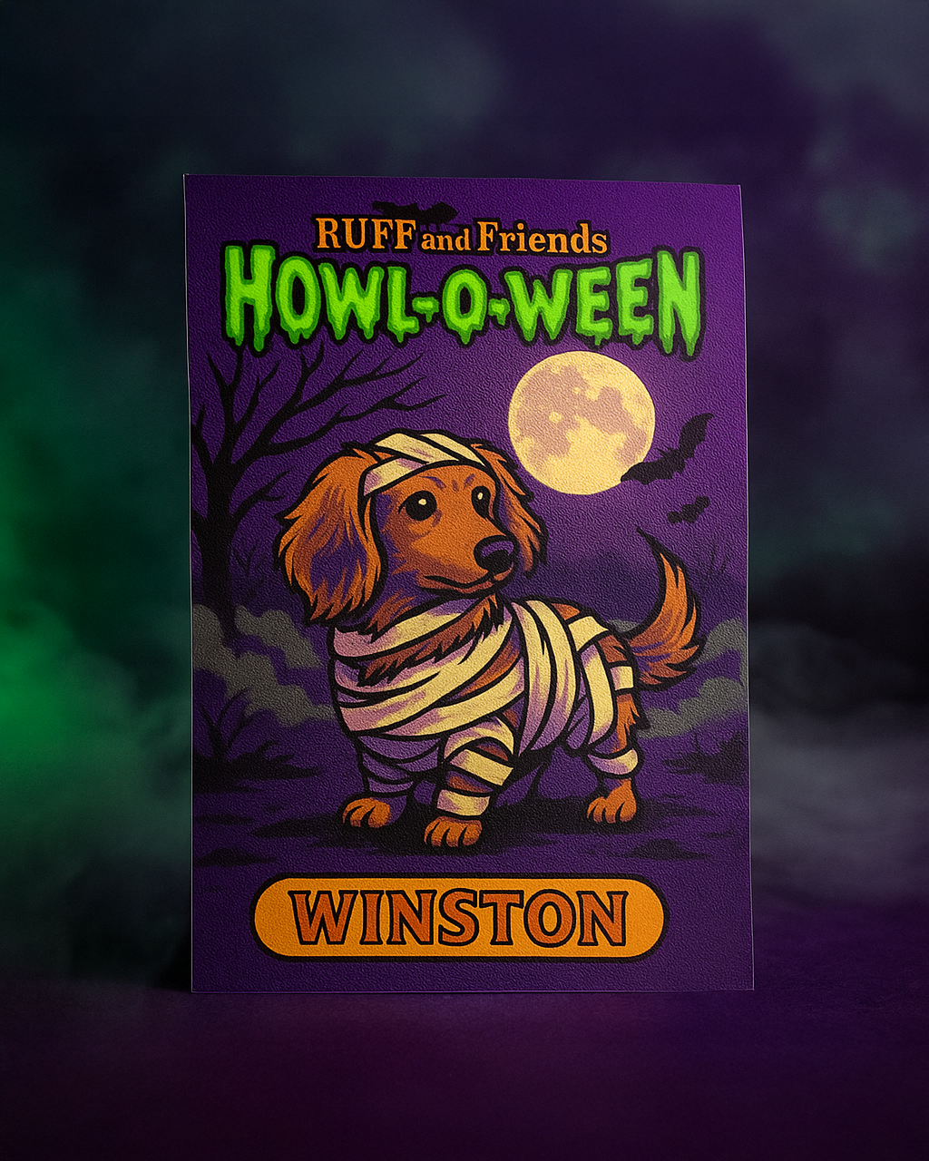 Howl-O-Ween Limited Edition Bundle π Monster Pet Portrait (2βx3β Mini Print with Sticker Backing & Digital Download) + Glow-in-the-Dark Dachshund Mummy Sticker