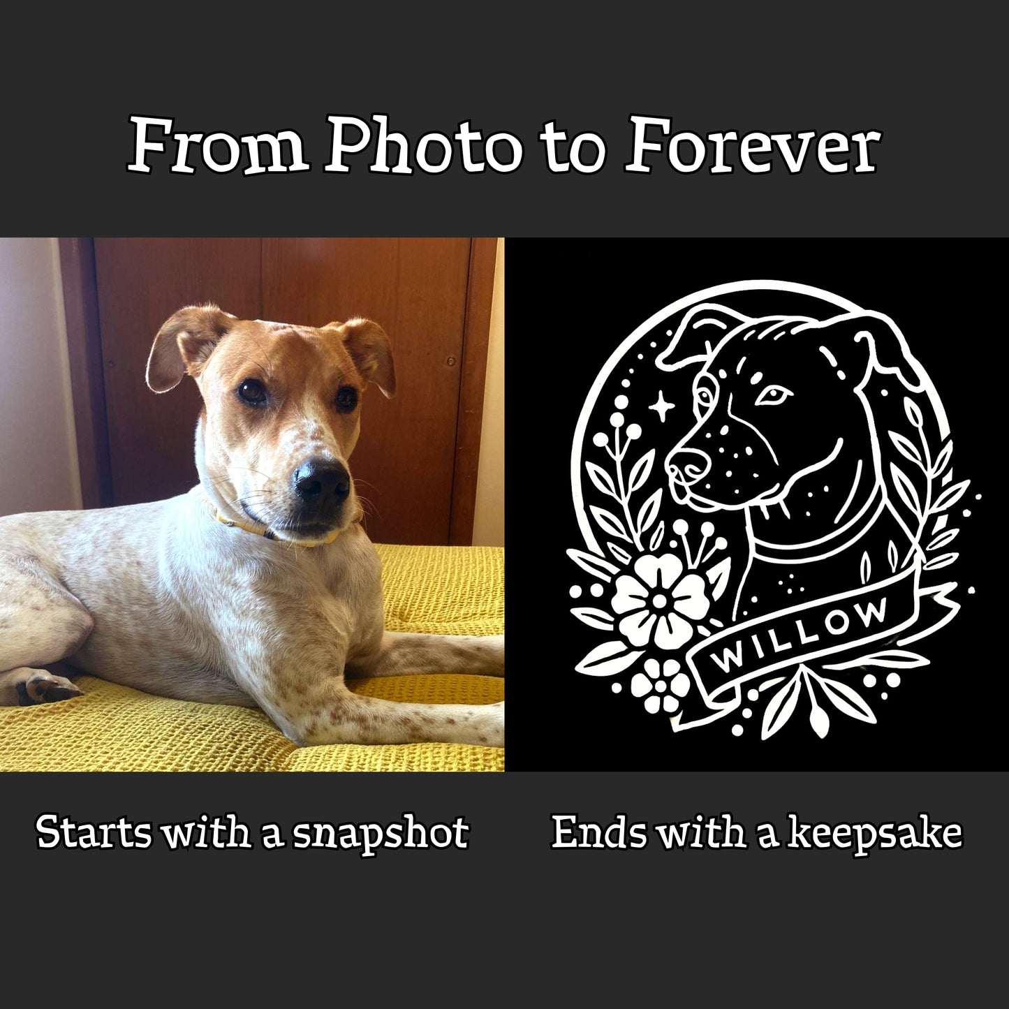 Personalized framed print, one-of-a-kind dog portrait