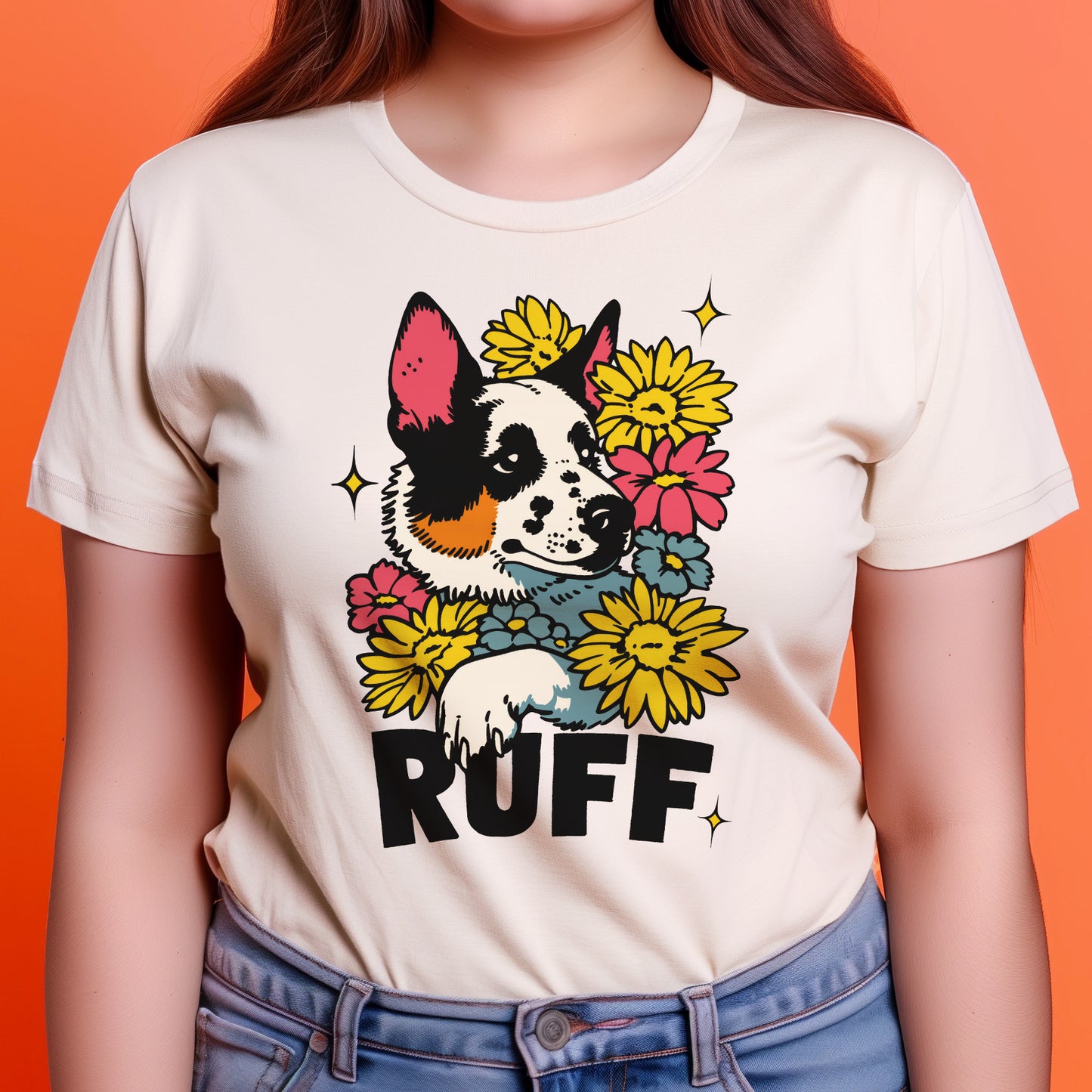 Ruff in Bloom: Cattle Dog Sitting in Flowers Tee