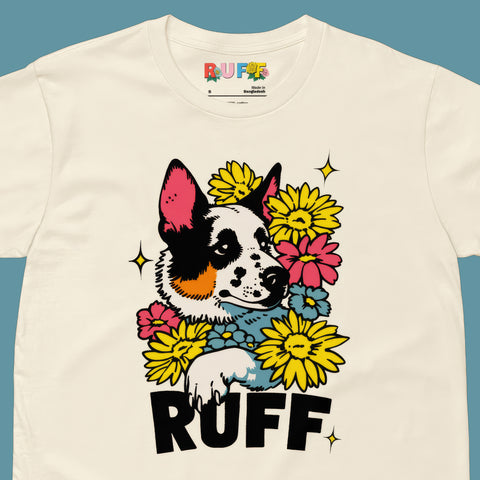 Ruff in Bloom: Cattle Dog Sitting in Flowers Tee